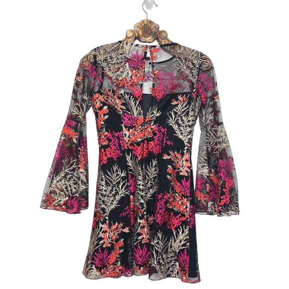 Jay Godfrey Mini Dress Floral Embroidery Sheer Overlay Bell Sleeve Flare 4 - Picture 2 of 11